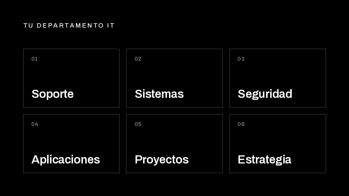 Esquema de las funciones de un departamento IT: soporte, sistemas, seguridad, aplicaciones, proyectos y estrategia
